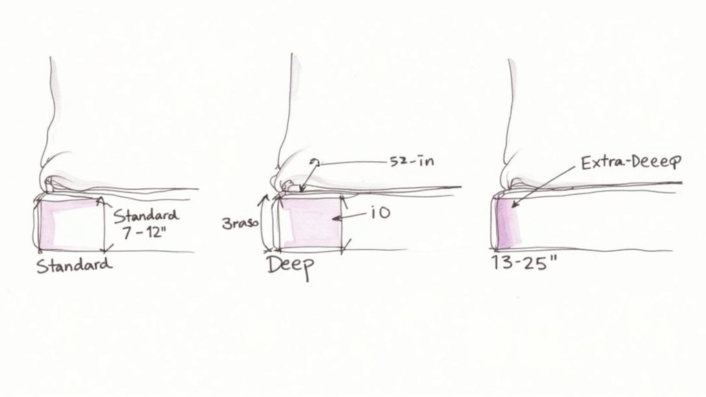 Illustration comparing standard, deep, and extra-deep fitted bed sheet measurements for mattresses.