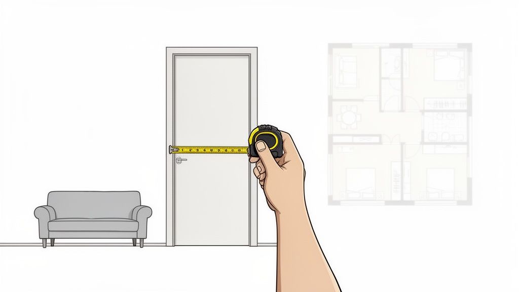 Measuring door width with a yellow tape measure, beside a grey sofa and apartment floor plan.