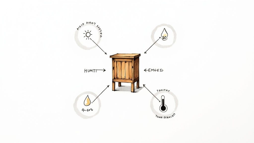 Wooden furniture care diagram showing ambient light, water droplet, humidity levels, and temperature control factors