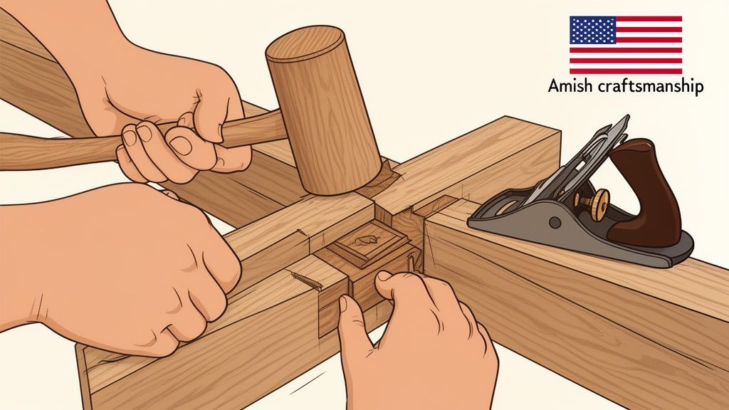 Close-up of hands using a wooden mallet to assemble a complex timber joint, showcasing traditional Amish craftsmanship.