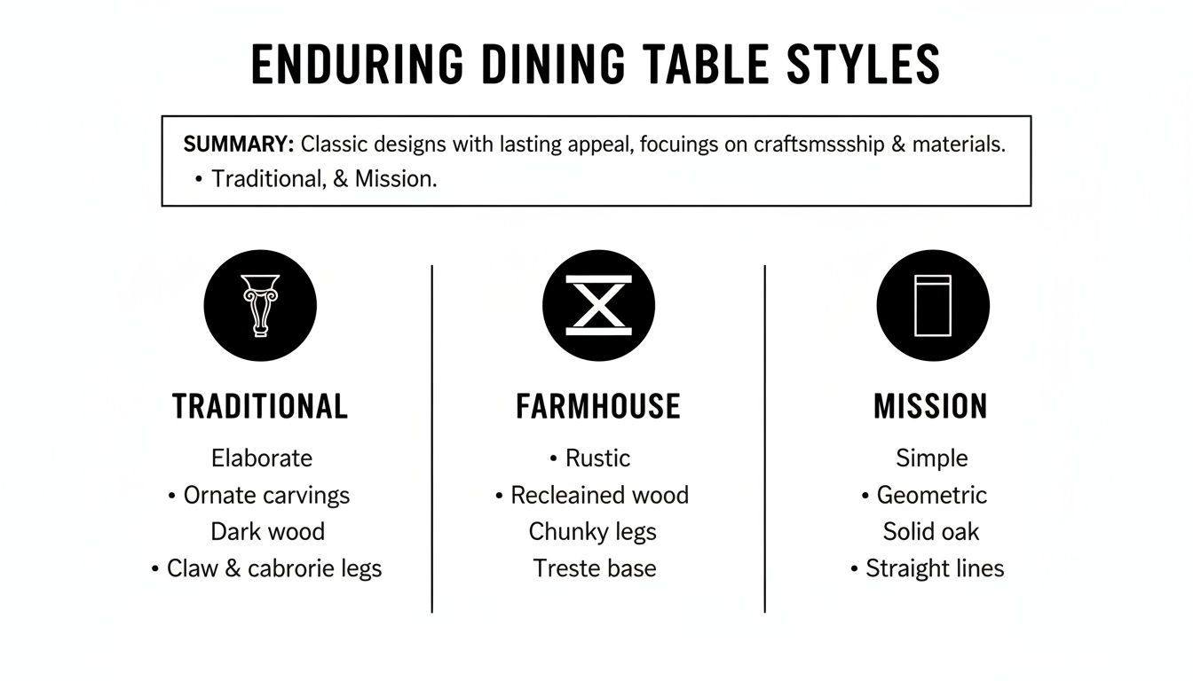 Infographic comparing three enduring dining table styles: Traditional, Farmhouse, and Mission, with key features.