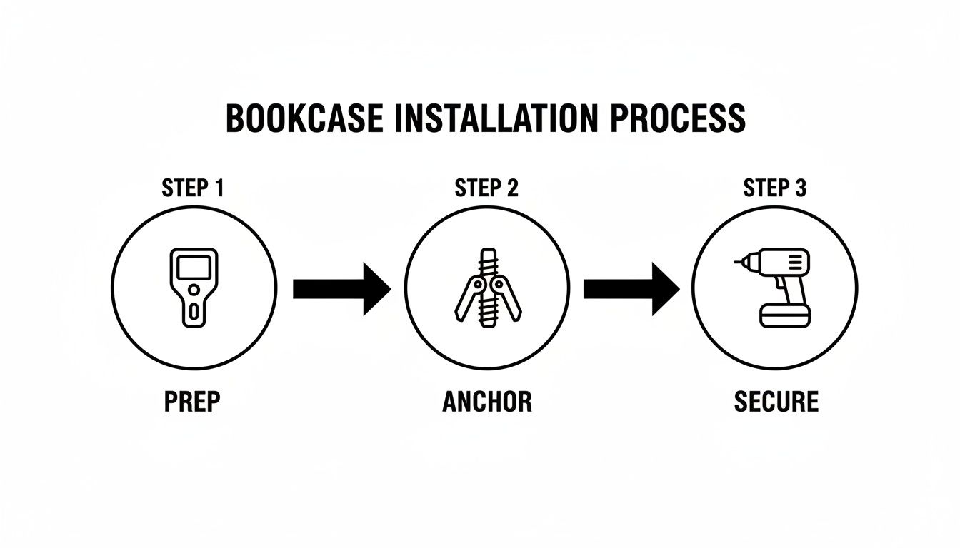 A three-step infographic showing the bookcase installation process: prep with a stud finder, anchor, and secure with a drill.