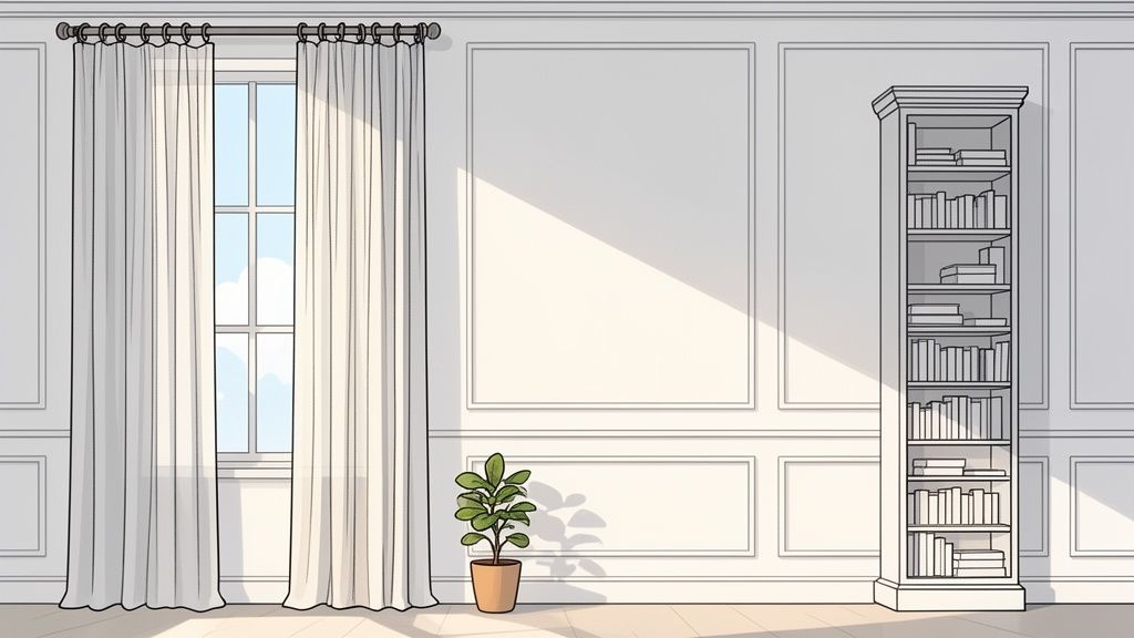 A classic room interior with white curtains, a potted plant, and a tall bookshelf filled with books.
