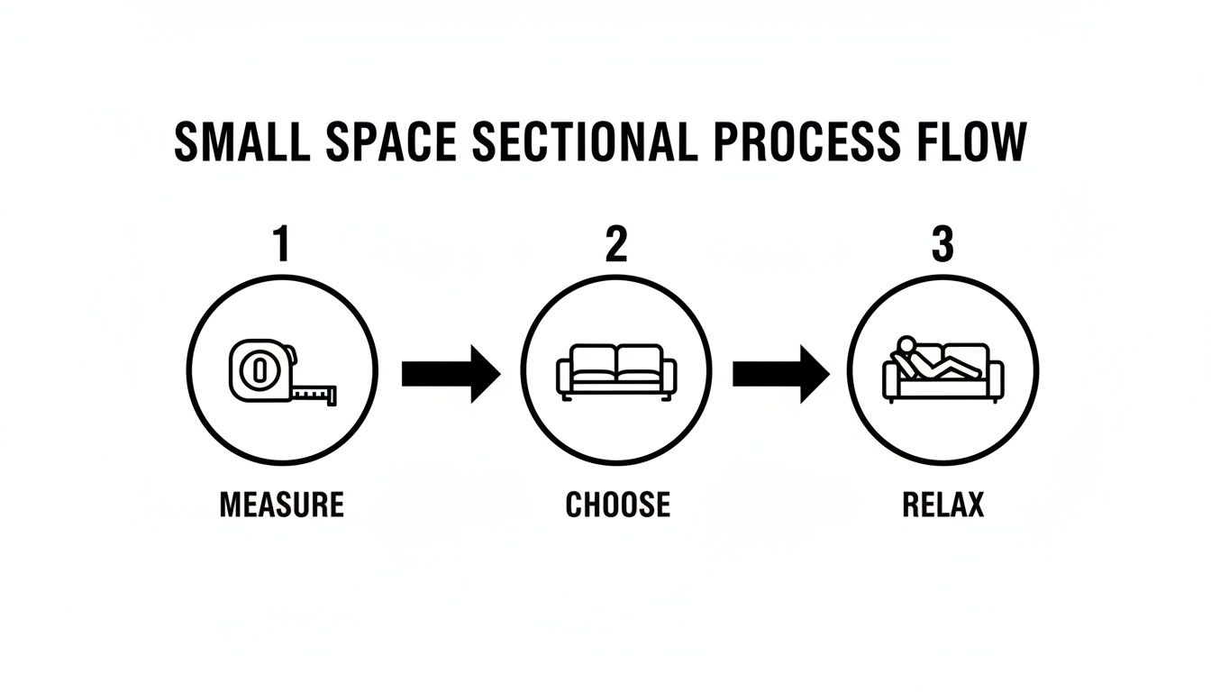 A three-step process flow for small space sectional sofas: Measure, Choose, and Relax.