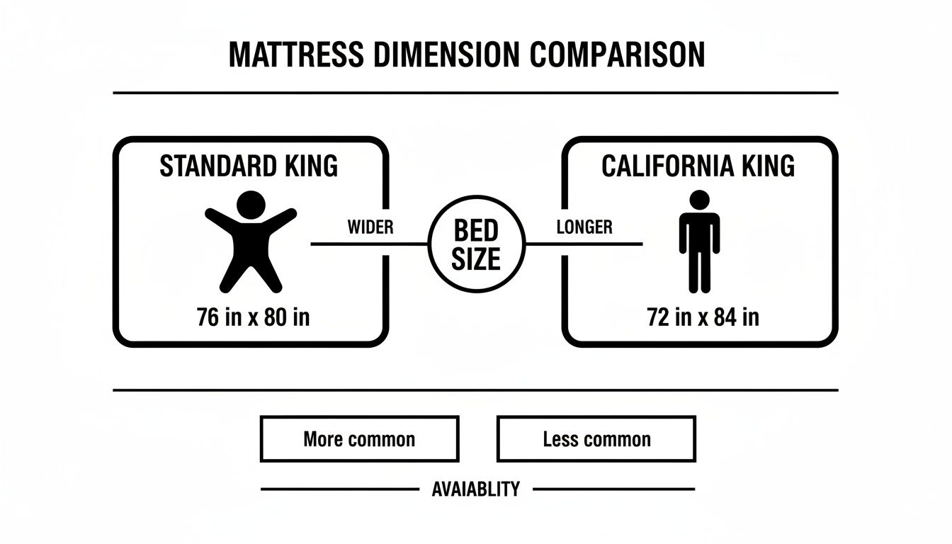 Infographic comparing Standard King (76x80 inches, wider, more common) and California King (72x84 inches, longer, less common) mattress dimensions.