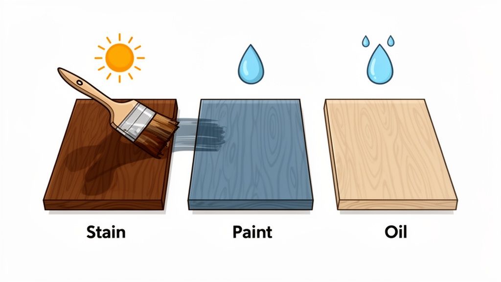 Illustration comparing three wood finishes: stain, paint, and oil, showing their application and characteristics.