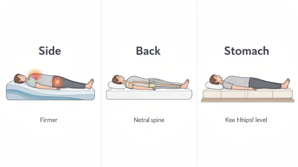 Illustration depicting three optimal sleeping positions—side, back, and stomach—and their respective mattress support needs.