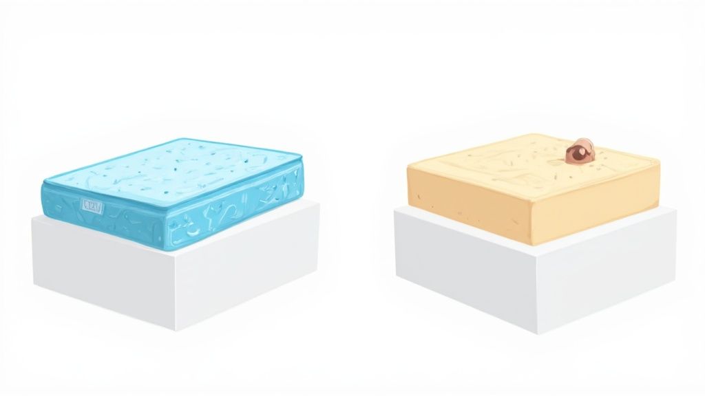 Two mattresses on pedestals: a blue gel mattress and a beige memory foam mattress with an indentation.