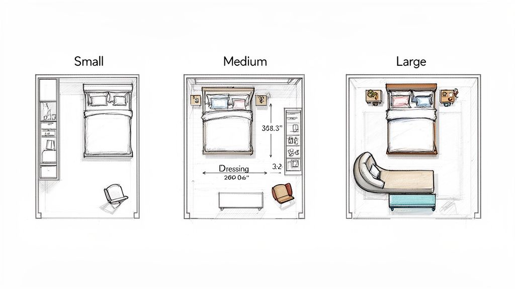 Top-down bedroom layouts illustrating small, medium, and large furniture arrangements with beds and storage.