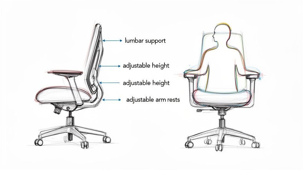 Sketch of an ergonomic office chair detailing adjustable lumbar support, height, and armrests for comfort.