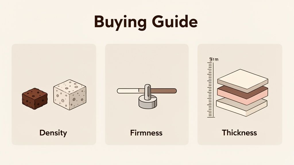 An infographic buying guide showing density with cubes, firmness with a slider, and thickness with layered materials.