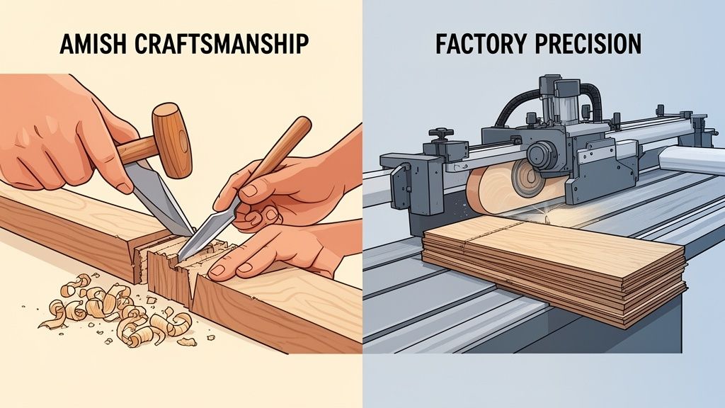 A split image comparing traditional Amish woodworking with chisels to modern factory wood precision machinery.