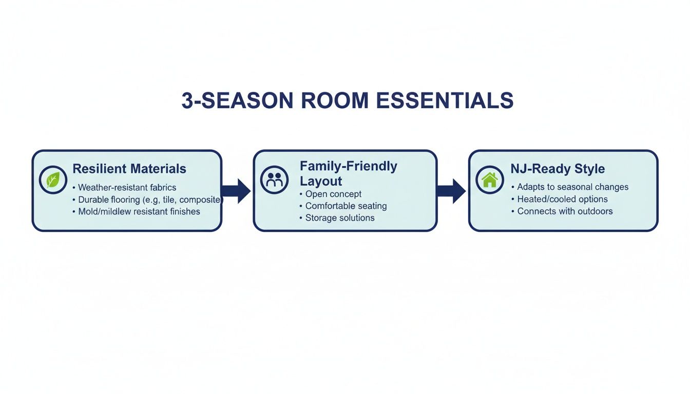 An infographic illustrating 3-season room essentials, including resilient materials, family-friendly layout, and NJ-ready style.