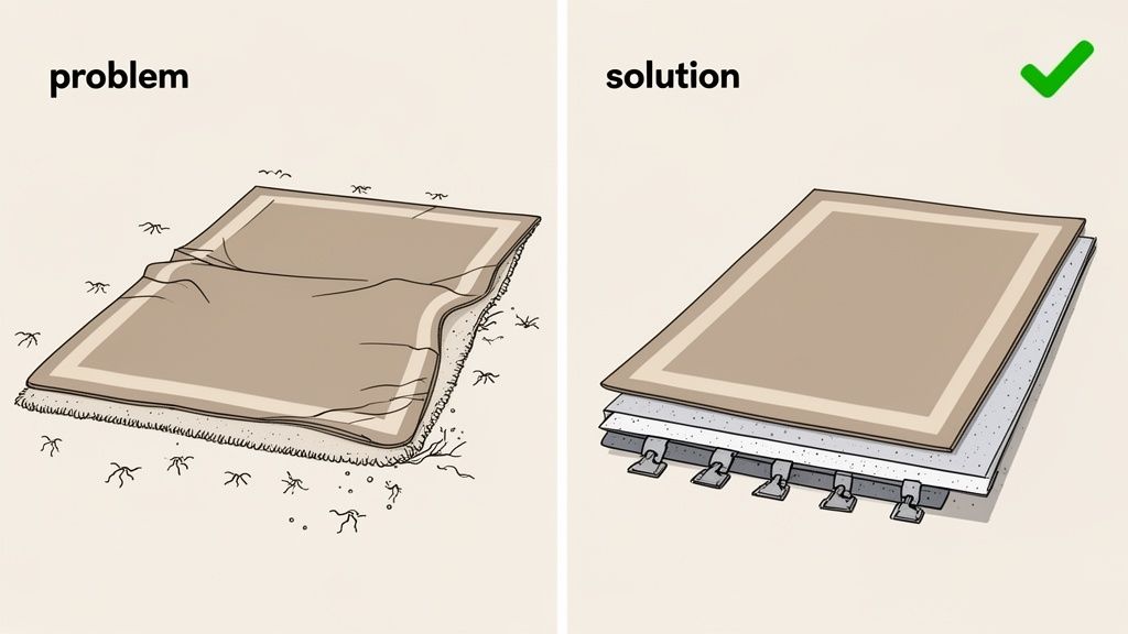 Illustration showing a wrinkled area rug on carpet as a problem, and a flat, secured rug with underlay as a solution.