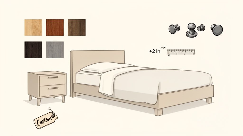 Bedroom furniture design options including wood finishes, drawer pulls, a bed, and a nightstand with custom elements.
