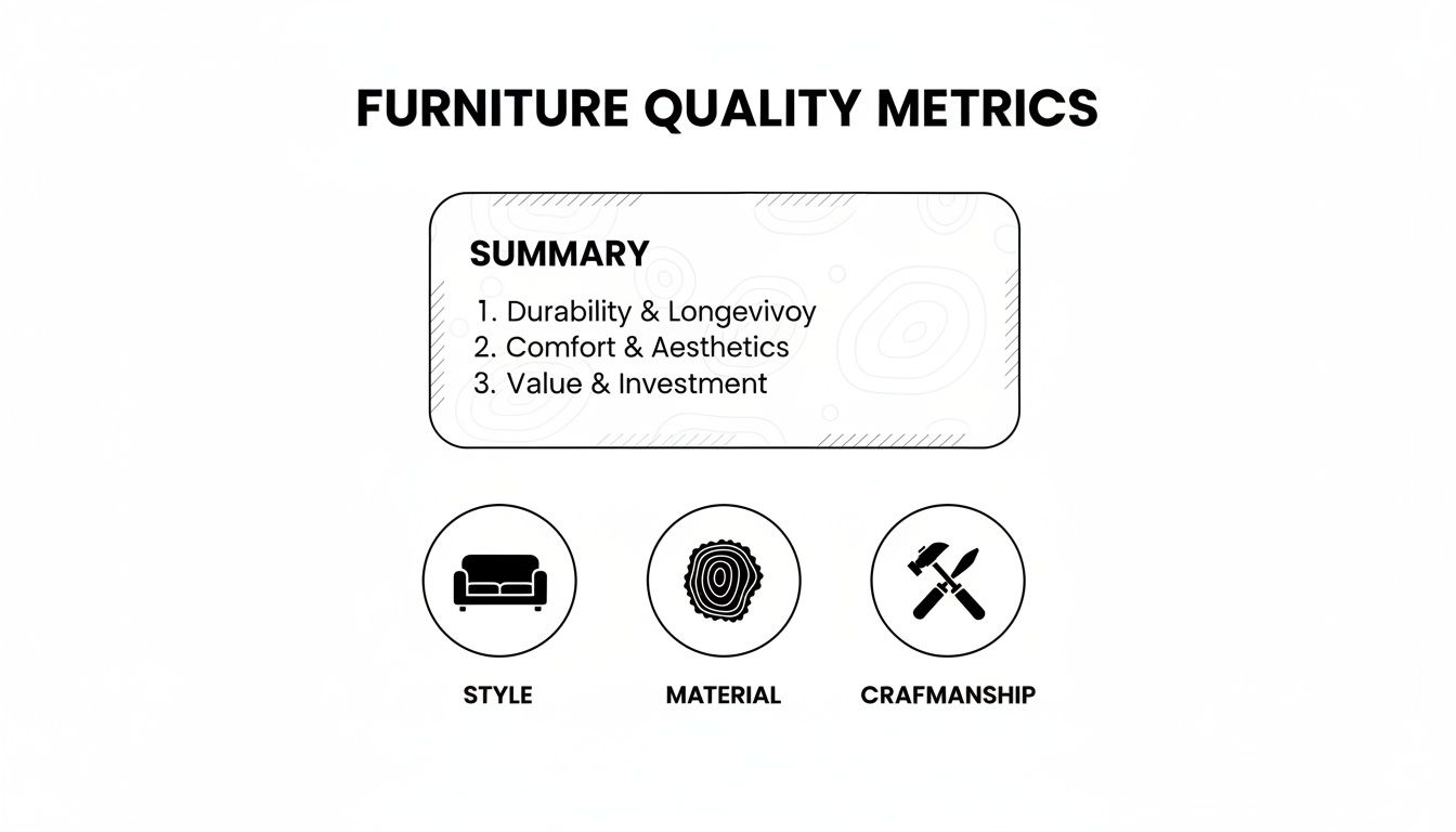 An infographic detailing furniture quality metrics: durability, comfort, style, material, and craftsmanship.