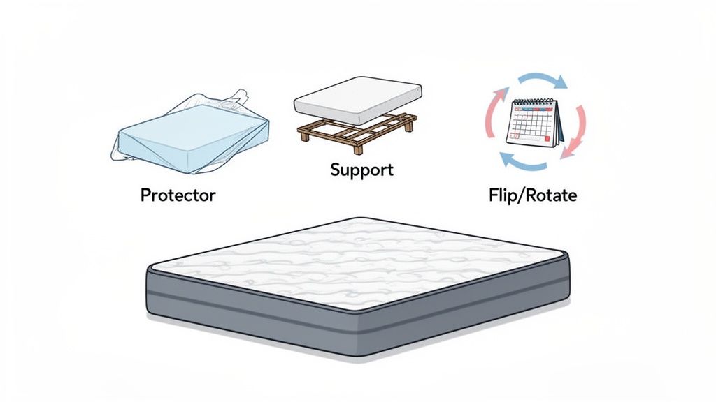 Illustrations demonstrate mattress care: using a protector, proper support, and regular flipping or rotation.