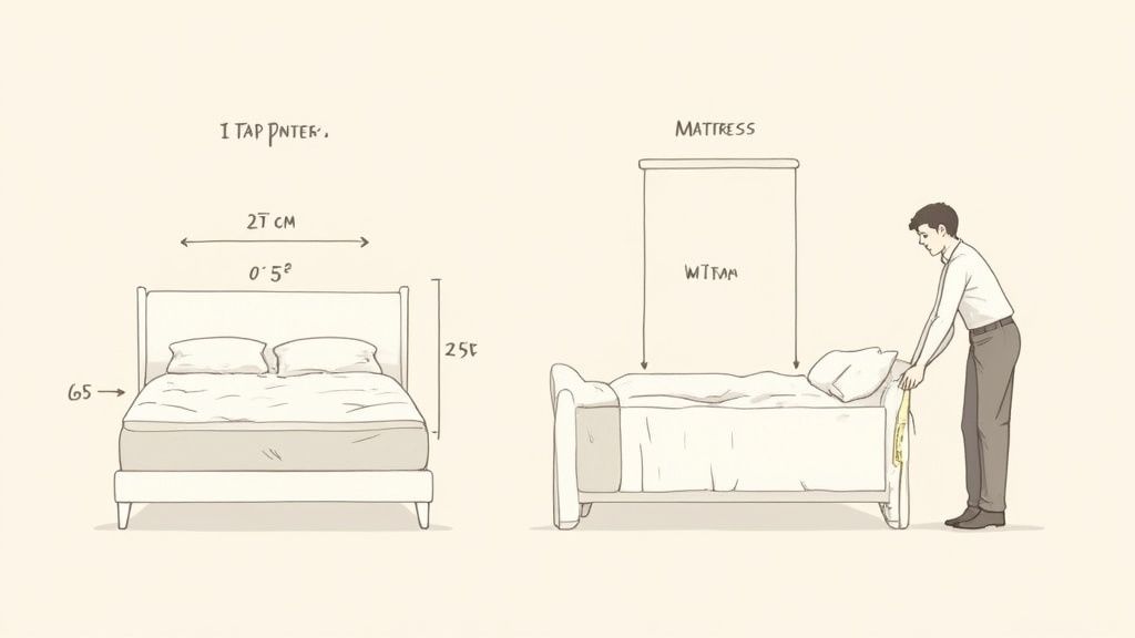 Diagram showing bed dimensions with measurements: 27 cm width, 25 cm height, and mattress fitting guide