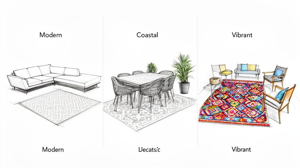 Three distinct outdoor rug styles: Modern, Coastal, and Vibrant, showcased with furniture arrangements.