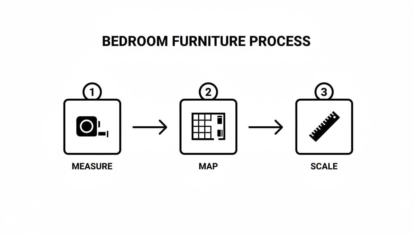 Diagram showing the three-step bedroom furniture process: measure, map, and scale.