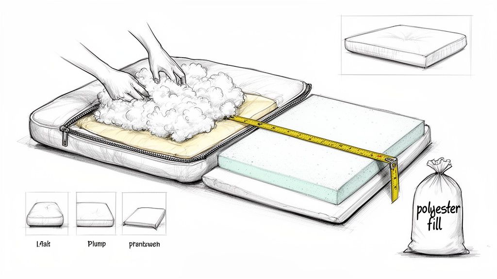 Illustration shows hands adding polyester fill to a cushion, measuring foam inserts, and different cushion shapes, for repair.