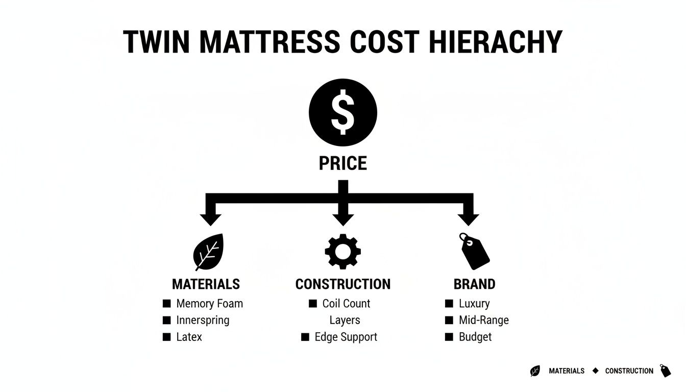 A black and white diagram illustrates the twin mattress cost hierarchy, showing factors like materials, construction, and brand influence price.