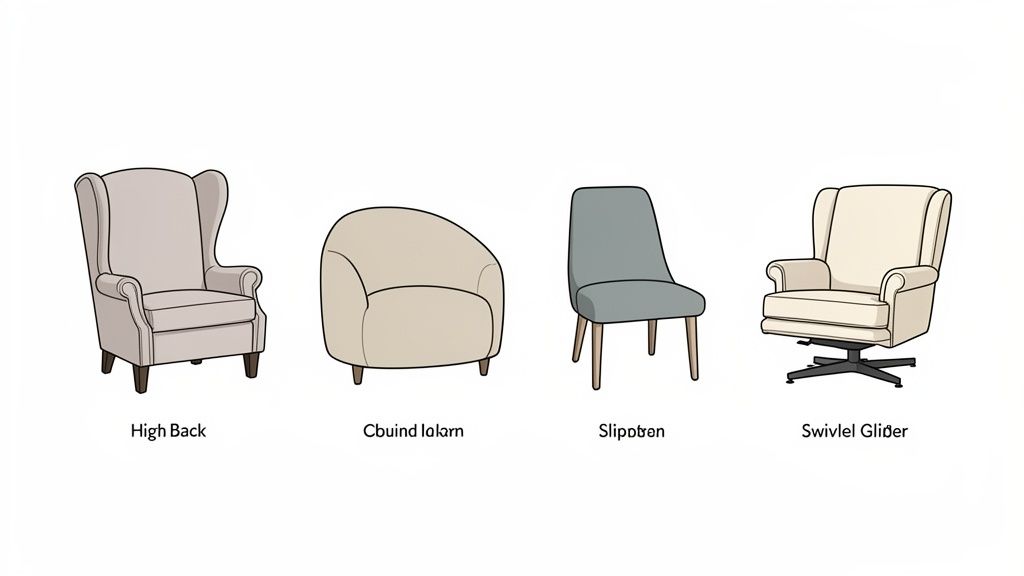 Four distinct illustrated accent chairs are displayed: a high-back, a round, a modern dining, and a swivel glider.