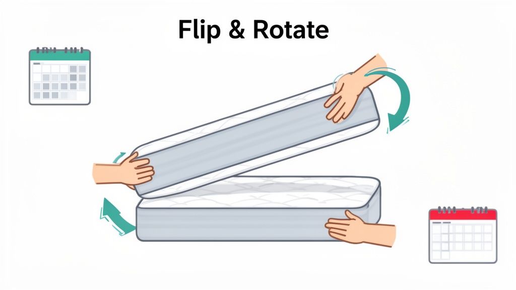 An illustration shows hands flipping and rotating a mattress, with calendar icons, for maintenance.