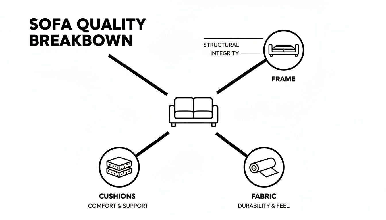 Infographic outlining sofa quality breakdown with key components like frame, cushions, and fabric.