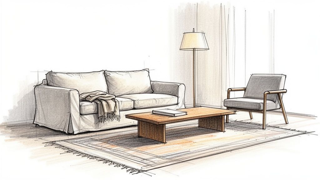 A hand-drawn sketch of a cozy living room with a white sofa, wooden coffee table, and armchair.
