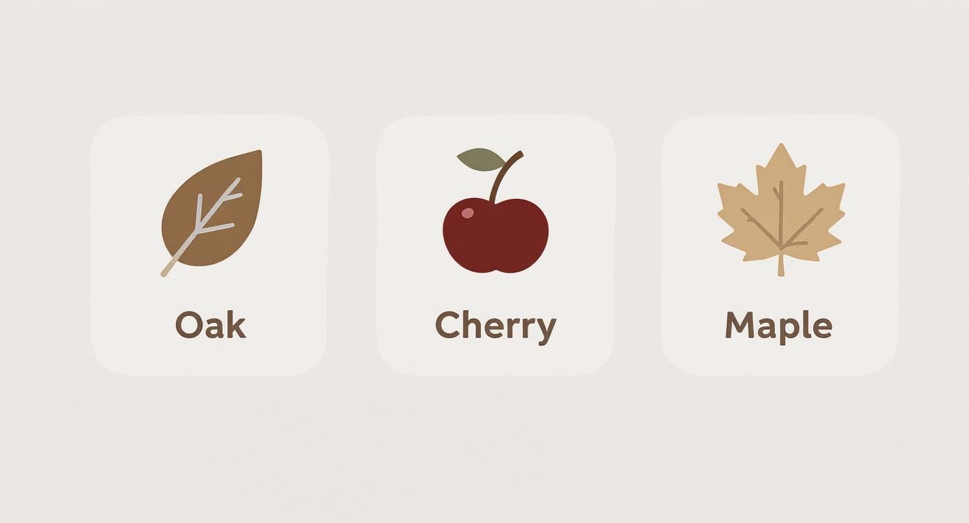 Three icons illustrate popular wood types: an oak leaf, a cherry, and a maple leaf.