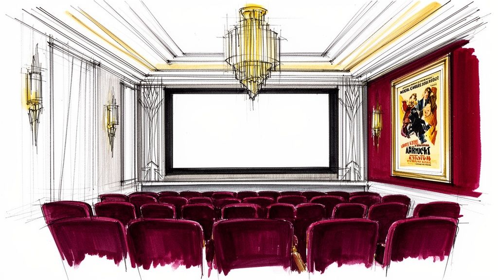 A hand-drawn sketch of a luxurious home theater with red velvet seats and an elegant chandelier.