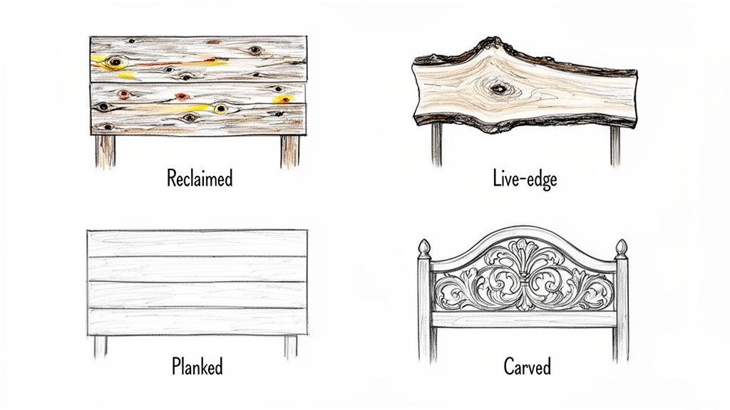Four illustrated wooden headboard styles: reclaimed, live-edge, planked, and intricately carved designs.