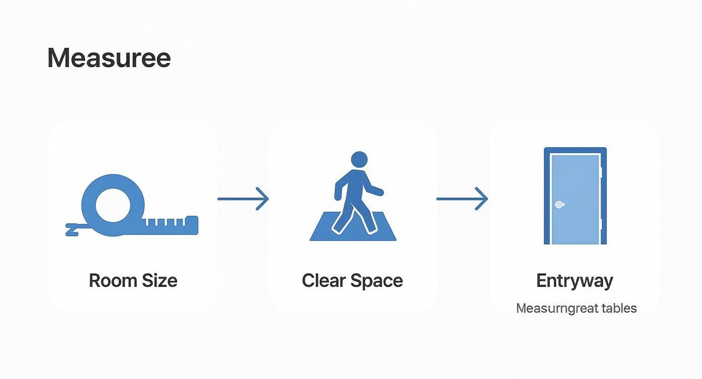 Three step guide showing tape measure for room size, person walking for clear space, and door for entryway measurement