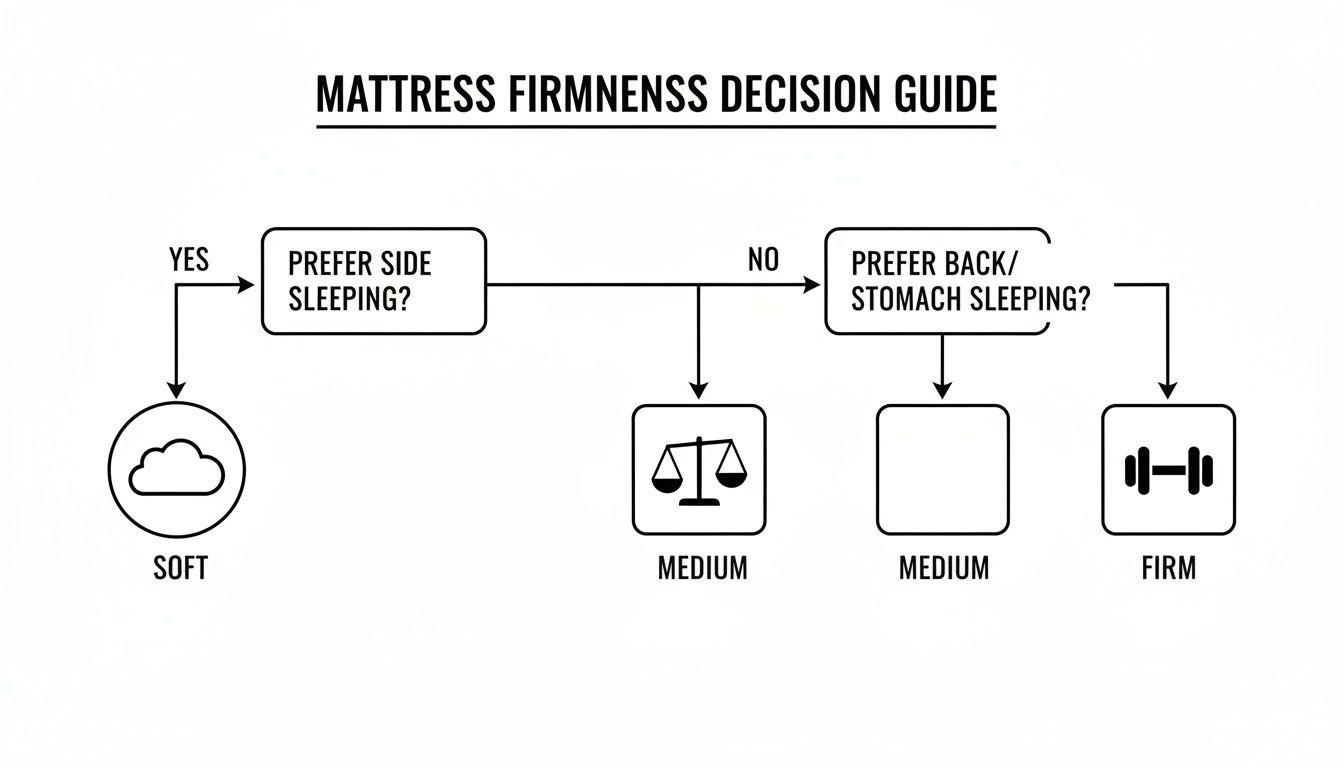 A mattress firmness decision guide flowchart recommending soft, medium, and firm options based on sleeping position.