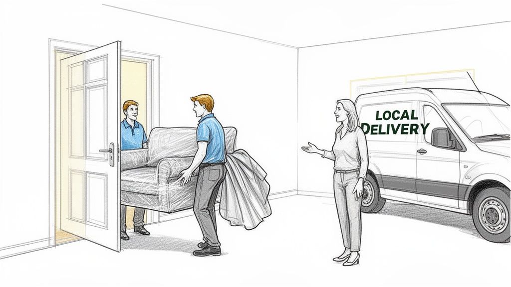 Two men deliver a new sofa through a doorway while a woman watches by a local delivery van.