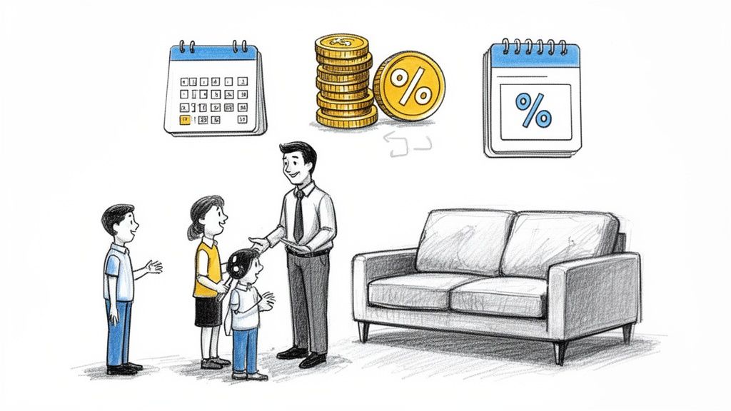 Family discusses furniture financing with an advisor, considering payment plans and interest rates.