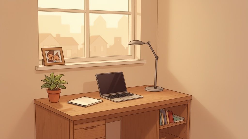 A cozy study desk by a window with a laptop, potted plant, adjustable lamp, and framed photo.