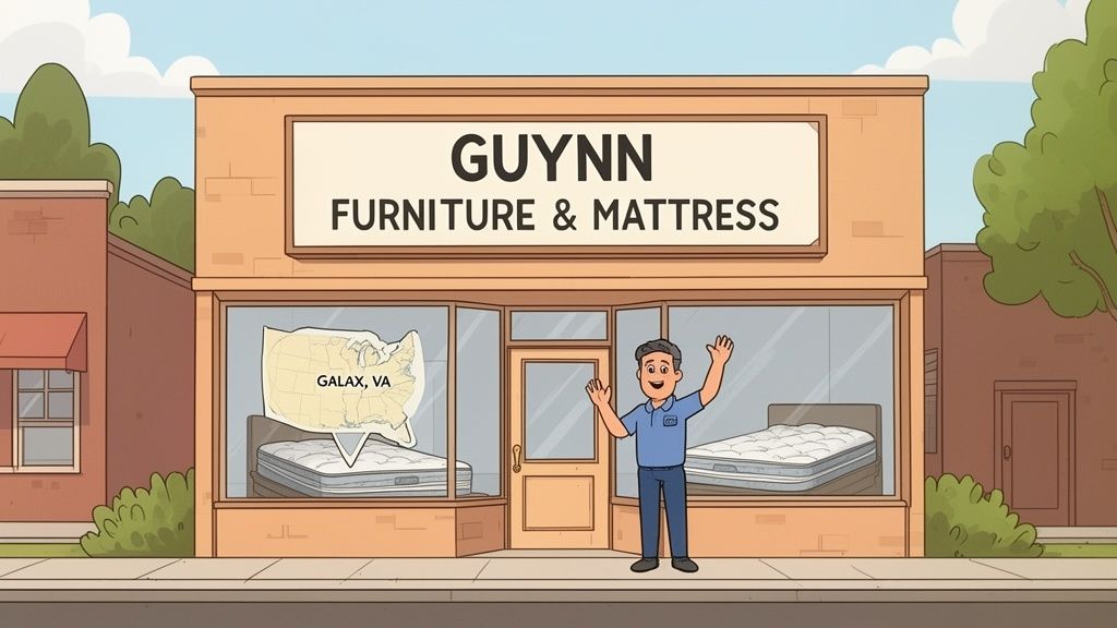 Cartoon man waves outside Guynn Furniture & Mattress store with beds and a map of Galax, VA.