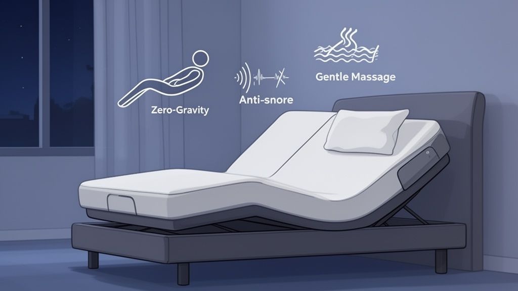 An illustration of a modern adjustable bed showcasing zero-gravity, anti-snore, and gentle massage features.