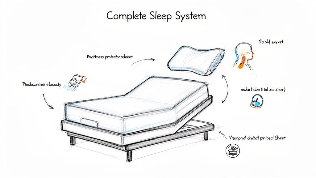 Sketch of a complete sleep system featuring an adjustable bed, mattress, and ergonomic pillow.