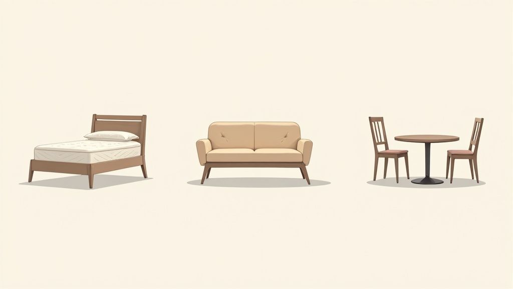Various new home furniture items, including a bed, a beige two-seater sofa, and a table with two chairs.