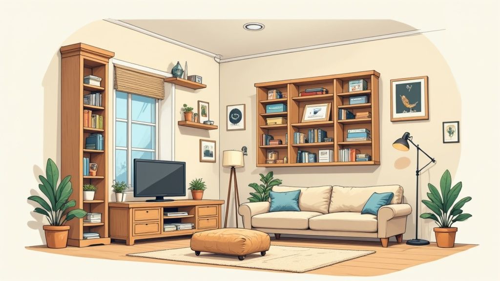 A neat living room with a tall bookshelf and a storage ottoman.