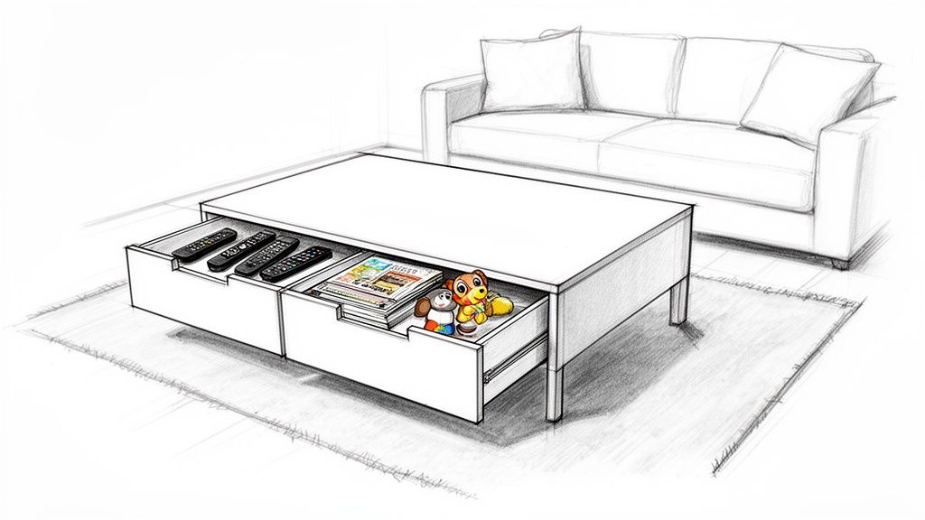 A detailed sketch of a white coffee table with open storage drawers, showcasing remotes, magazines, and toys in a living room.