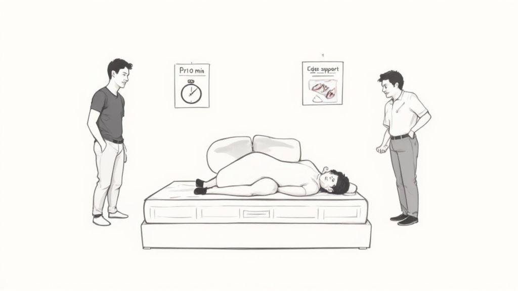 Woman testing out a new mattress in a furniture showroom.