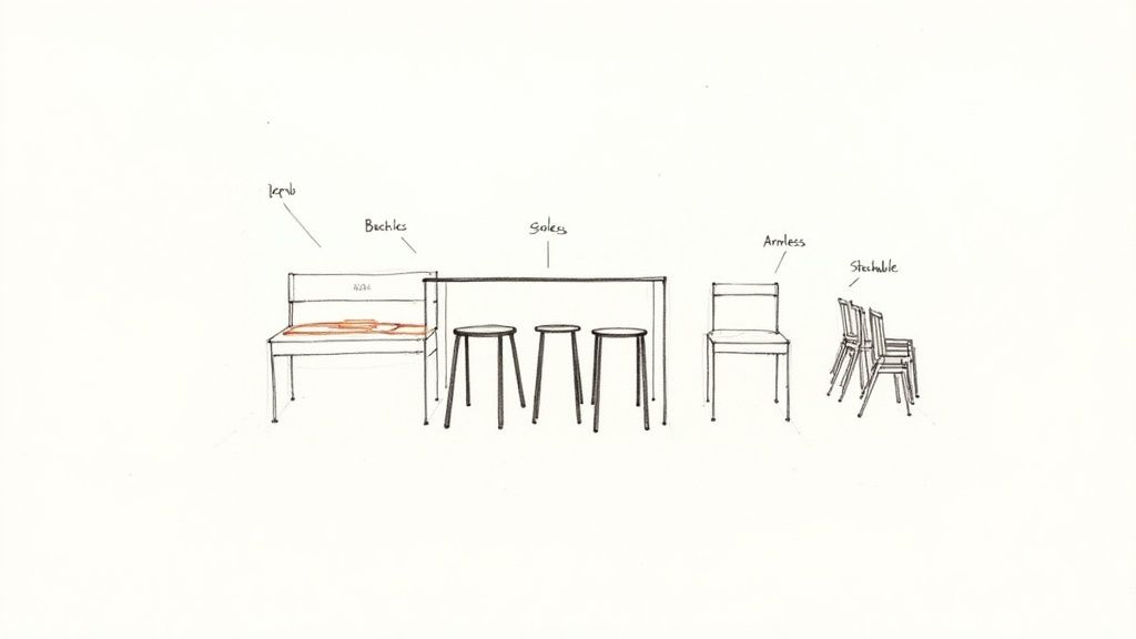 Detailed sketches of various dining room furniture: a bench, a table with three stools, and stackable chairs.