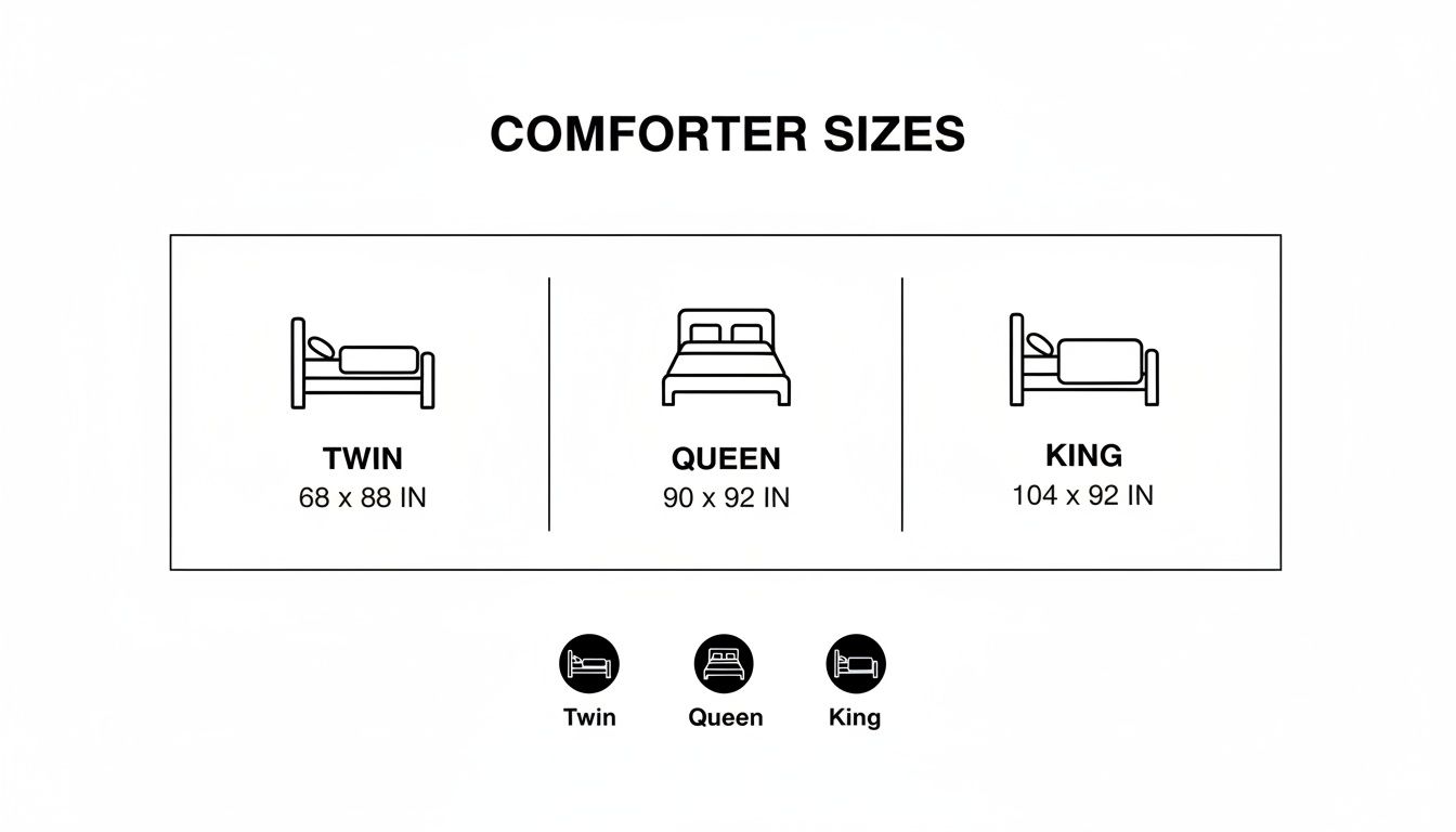 Comforter size chart displaying dimensions for Twin, Queen, and King beds in inches.