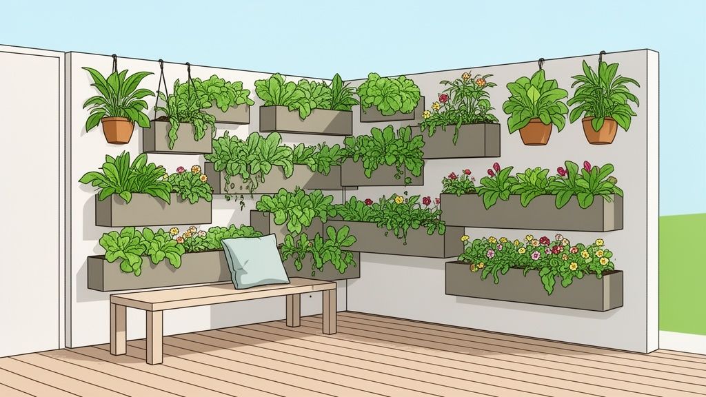 A modern outdoor deck features a lush vertical garden on white walls and a simple wooden bench.