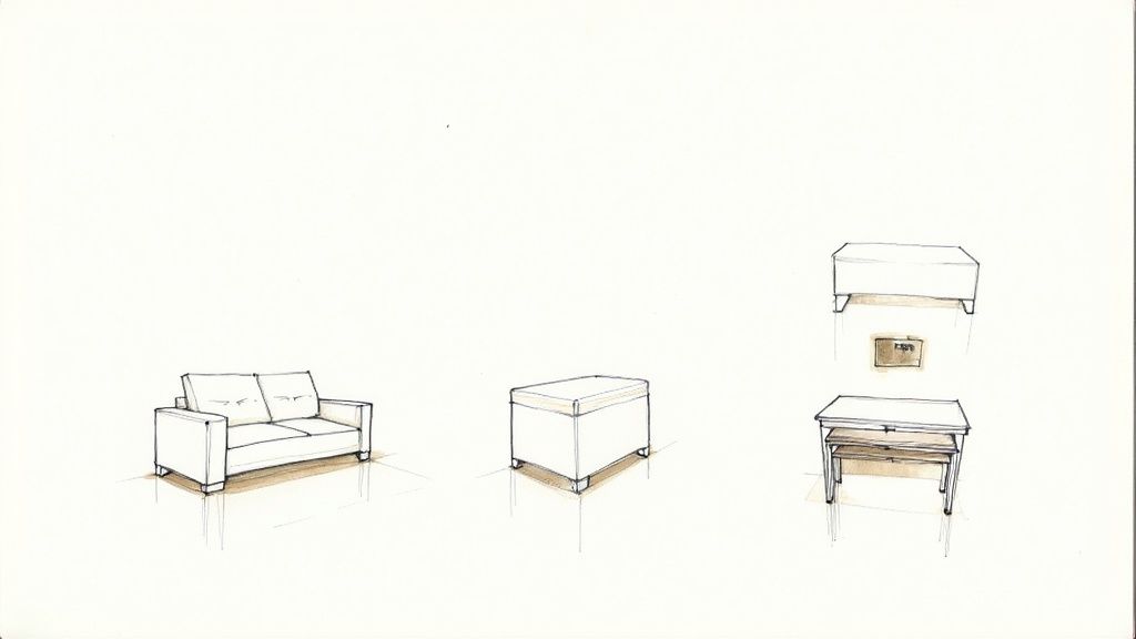 Hand-drawn sketches illustrating various living room furniture pieces, including a sofa, ottoman, and nesting tables.