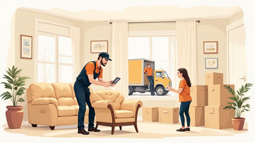 Movers delivering furniture and boxes into a bright home, with a man checking a tablet.